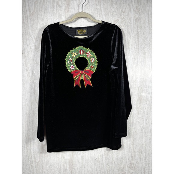 Bob Mackie Sweaters - Bob Mackie Black Velvet‎ Christmas Sweater L Wreath Bow Holiday Festive